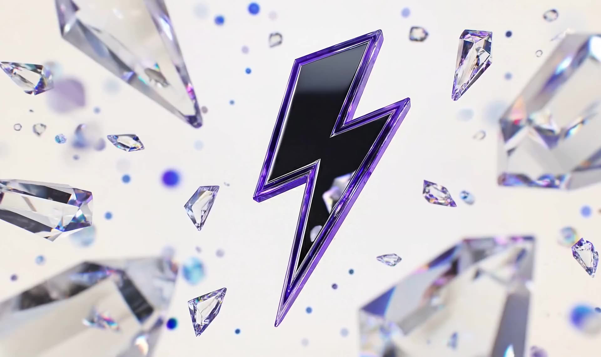 A chrome lightning bolt suspended in a field of lavender crystal shards